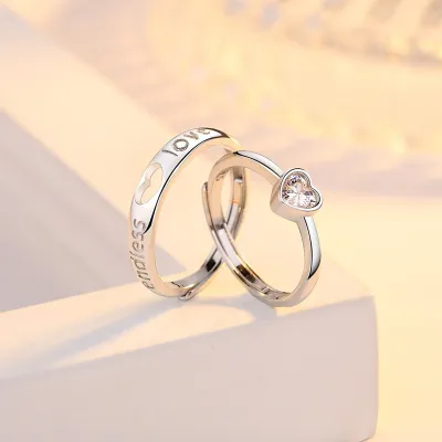 Silver Heart Stone Couple Finger Rings (2 pc)